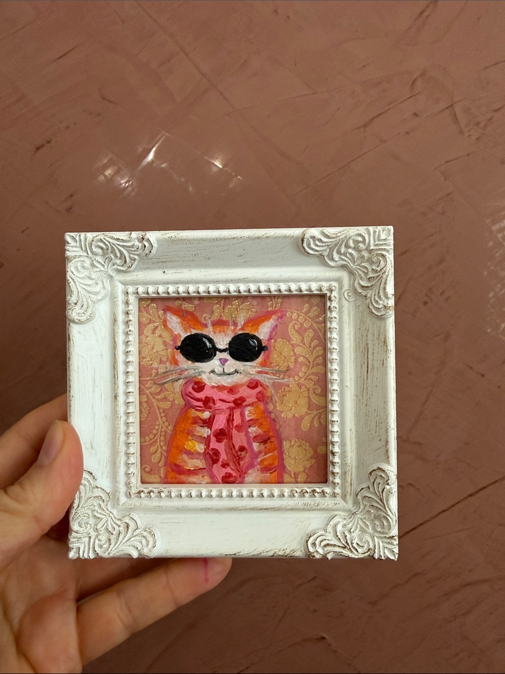 Whimsical Sunglasses Cat Mini Art in White Frame - Pink & Orange